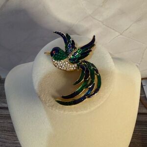 Large Gold Tone Rhinestone Blue Green Enamel Hummingbird Brooch